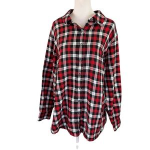 Talbots Plus 2X Flannel Button Up Shirt Red Black Plaid Silver Metallic Sparkle